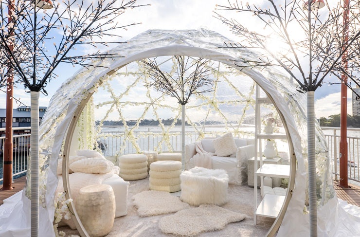 The pop-up igloo suite at Pier One hotel in Sydney, with Walsh Bay in the background.